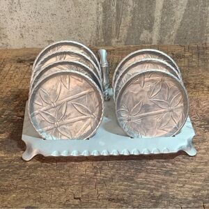 Vintage MCM Hand Forged 7 Coaster Set with Carrier Rack